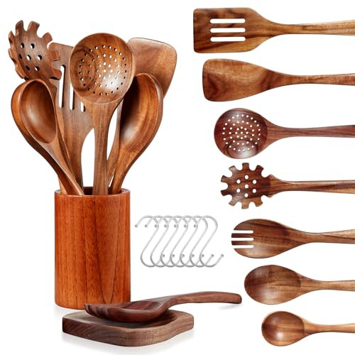 LSFCHUJU Wooden Spoons for Cooking - 10 Piece Natural Teak Wood Kitchen Utensil Set, Wooden Spoons Set with Holder, Spoon Rest & Hooks, Wooden Spatula Set with 7 metal hooks | Amazon (US)