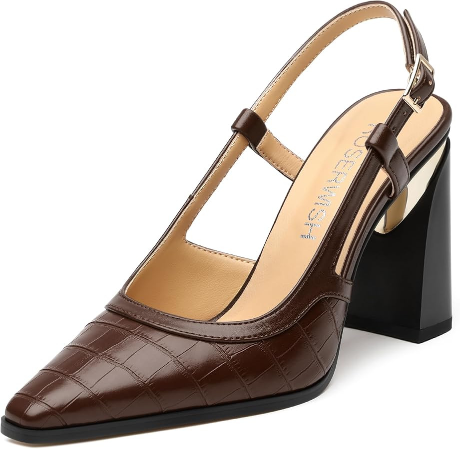 ROSERWISH Women's Slingback Pumps 3.5 Inch Block Heel - Gold Pointed Toe Party Wedding Shoes | Sl... | Amazon (US)