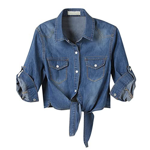 Women's Denim Shirt 3/4 Sleeve Tie Front Top Knot Chambray Cardigan Button Shirt Jean Crop Top Jacket for Women Dark Blue XS | Amazon (US)