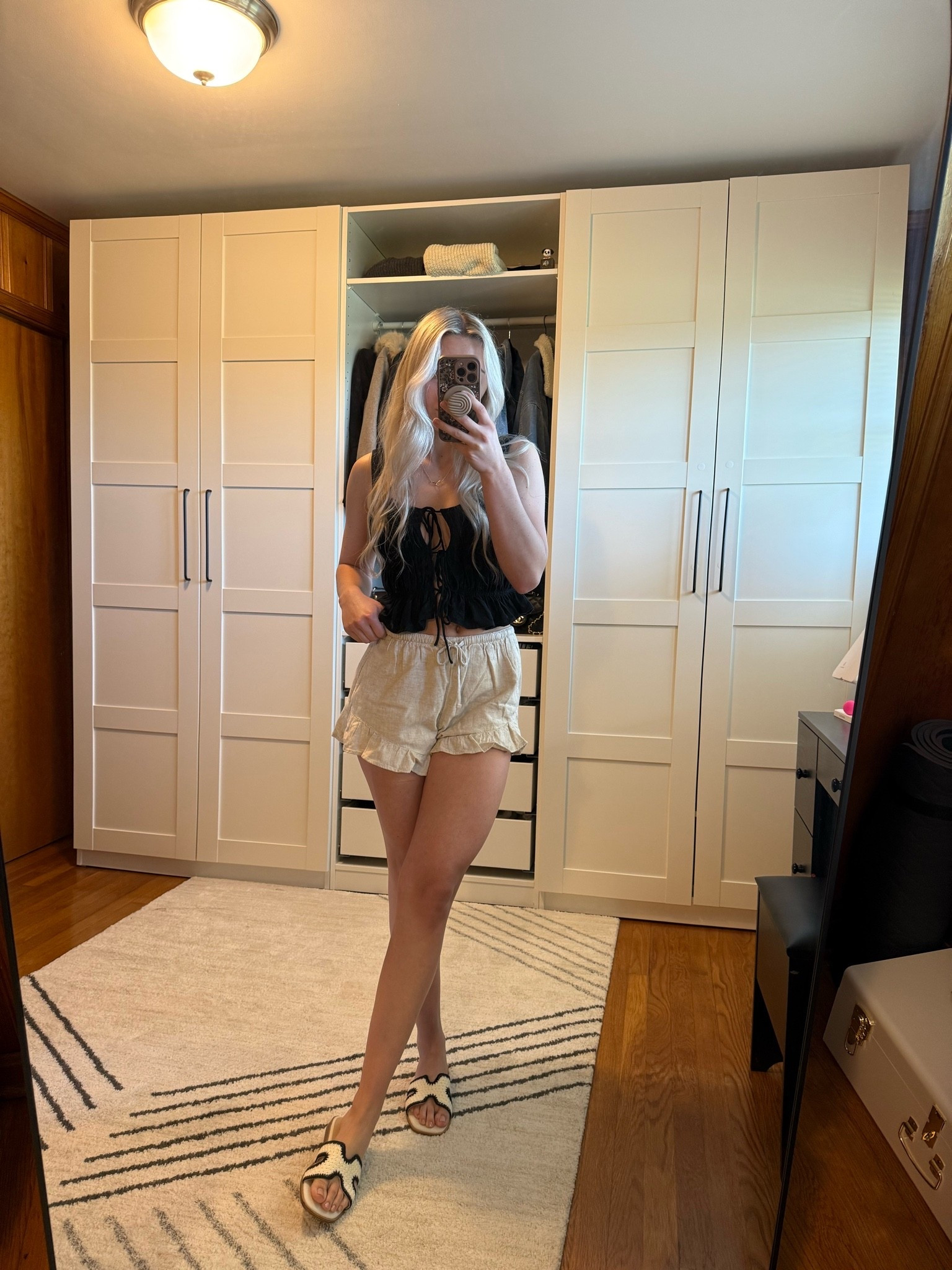 Summer outfit, vacation outfit, linen short, tie front top, summer fashion, summer inspo, ootd, girly outfit, brunch outfit, ruffle detail

#LTKootd