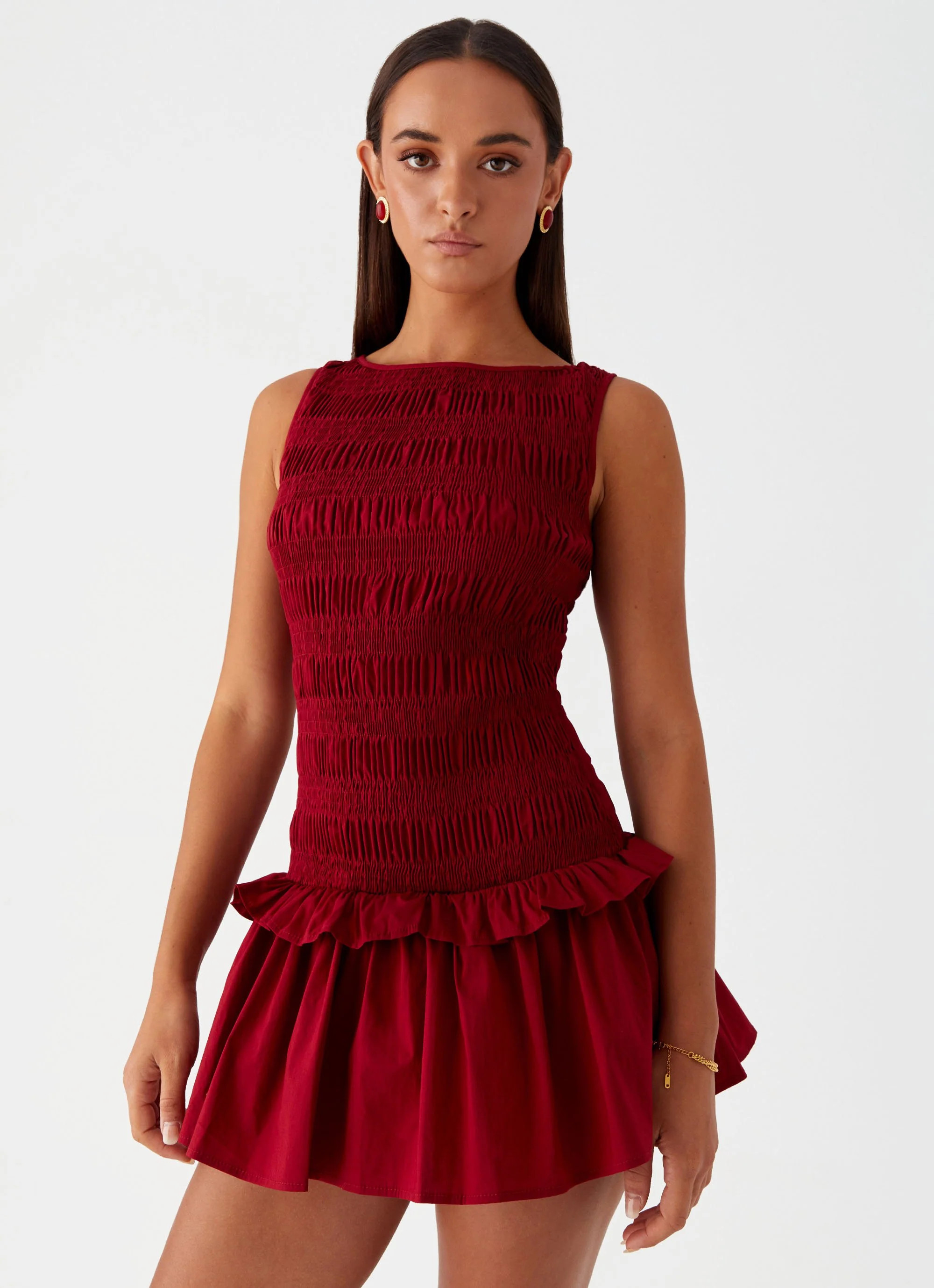 Garden Kisses Shirred Mini Dress - Maroon | Peppermayo (Global)