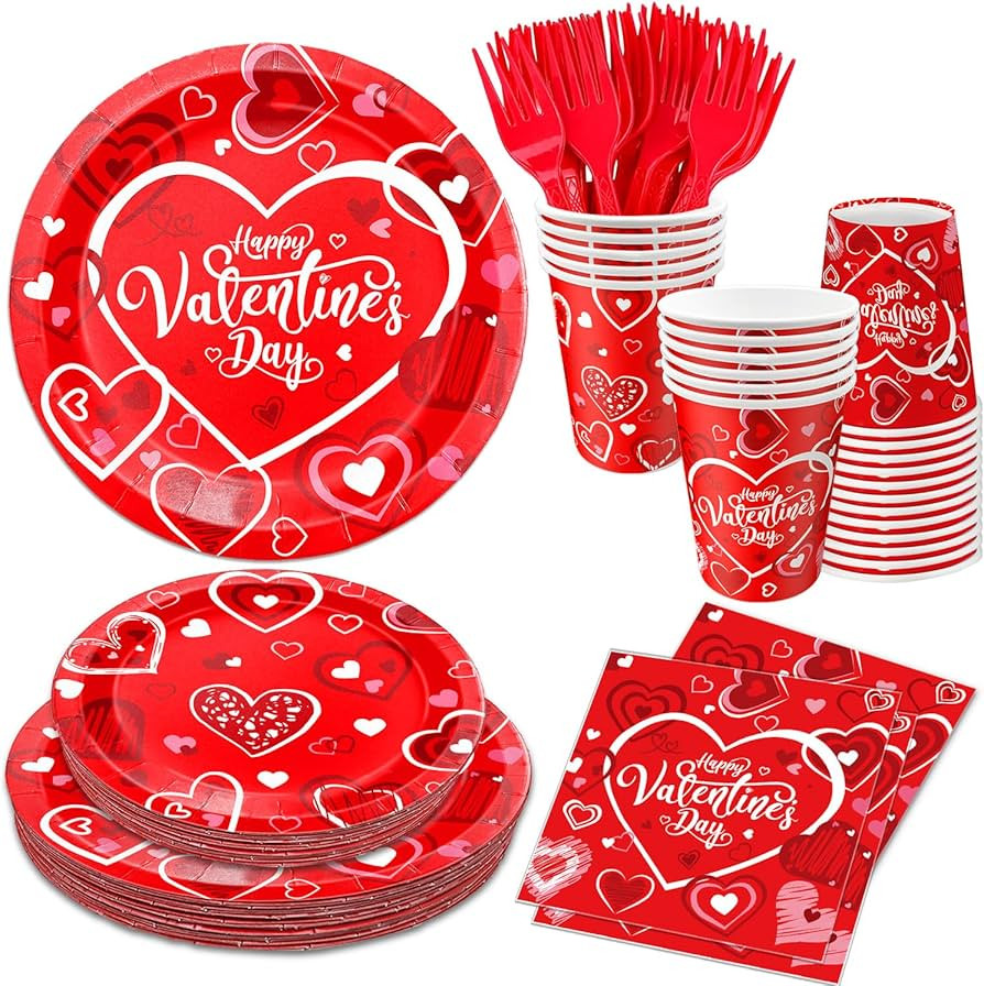 JjoiaS Valentine's Day Party Supplies Red Heart Love Valentine's Day Disposable Tableware Includi... | Amazon (US)
