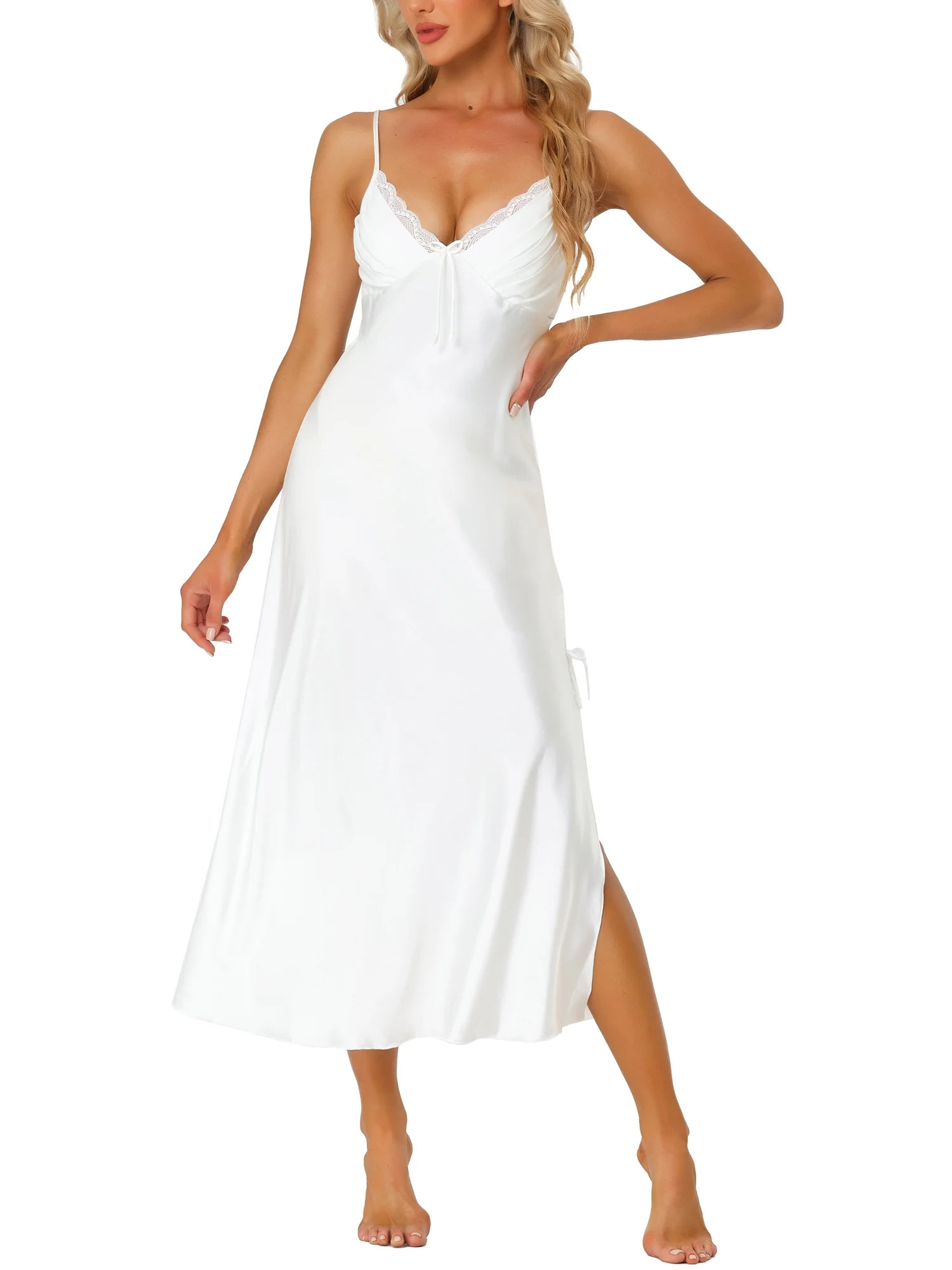 Unique Bargains Women's Satin Pajama V Neck Sexy Nightdress Soft Midi Lounge Dress - Walmart.com | Walmart (US)