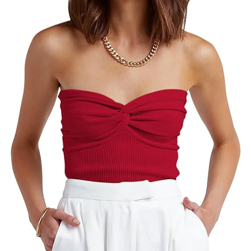 ANRABESS Tube Top for Women Summer Strapless Bandeau Knit Twist Knot Corset Crop Basic Tank Tops 2026 Vacation Beach Clothes Medium Red | Amazon (US)