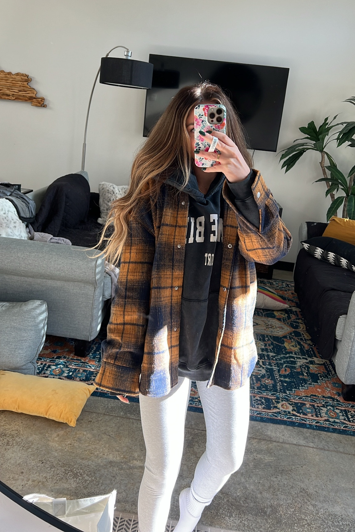 Comfy casual!!!
Sweatshirt - large 
Flannel shacket - small
Leggings - small