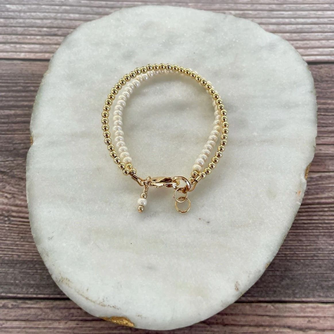Quill and Goose 14K Gold Double Strand Bracelet - Mini Luster Ivory | The Baby Cubby | The Baby Cubby