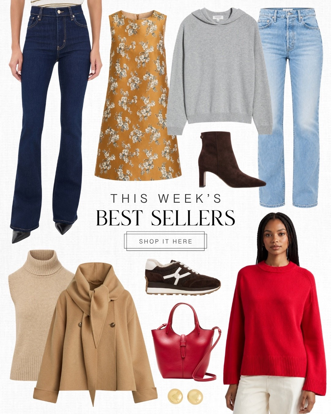 Top 10 Best Sellers: I love adding pops of red to a neutral look to feel more fresh and elevated, especially for fall. This @jcrew is so cute and comes with a crossbody strap and how pretty is this red sweater that I would style under a trench coat like this one. Dark wash denim always looks so great this time of year and I’m loving this new pair from Frame in the wash “Fairway”. I especially love that they come in petite sizes here!