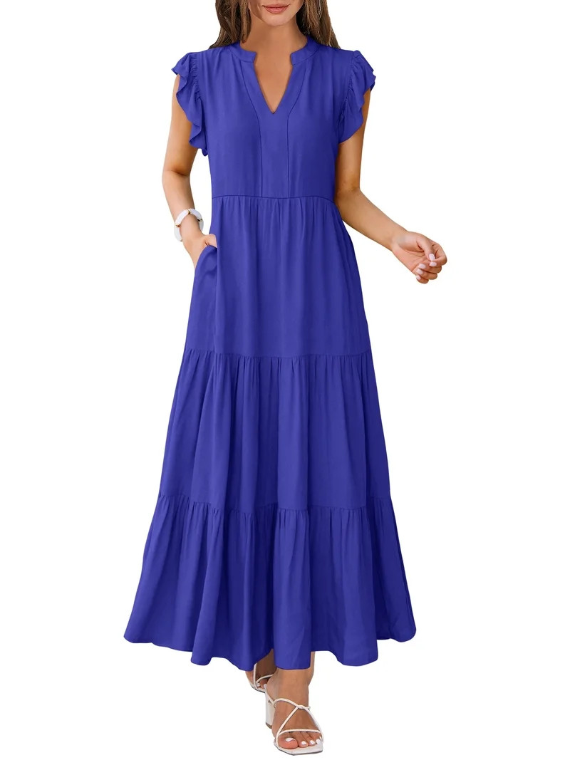 ANRABESS Womens Summer Maxi Dress V Neck Ruffle Sleeve Flowy Tiered Boho Casual Beach Vacation Su... | Walmart (US)