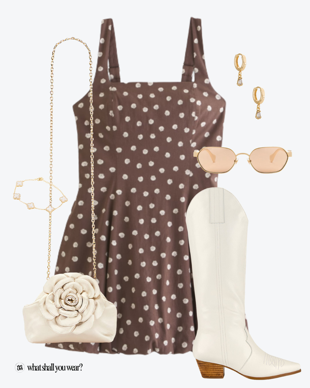 Fall transitional outfit idea, bubble hem dress, fall dress, brown dress, brown mini dress, polka dot dress, white boots, cowboy boots, western boots, fall boots, crossbody purse, clutch, bracelet, huggie hoops, drop hoops, cute sunglasses, mini dress, bubble hem mini dress 

 #LTKSeasonal #LTKShoeCrush #LTKItBag