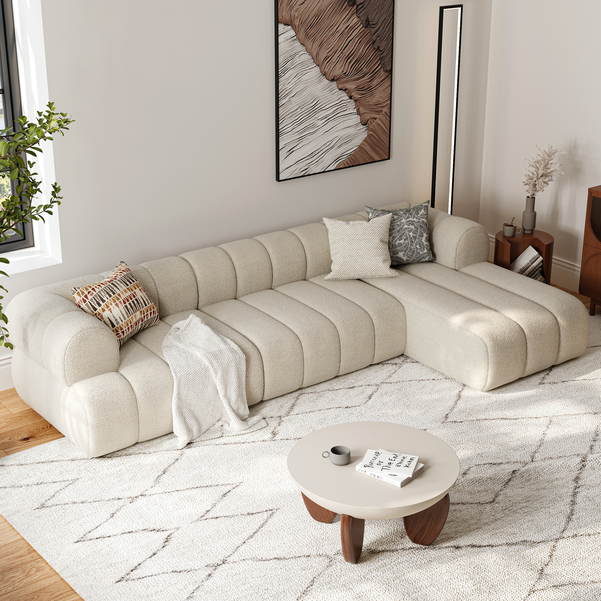 118"" Channeled 3-Piece Chenille Sectional L-Shaped Sofa with Chaise | Homary