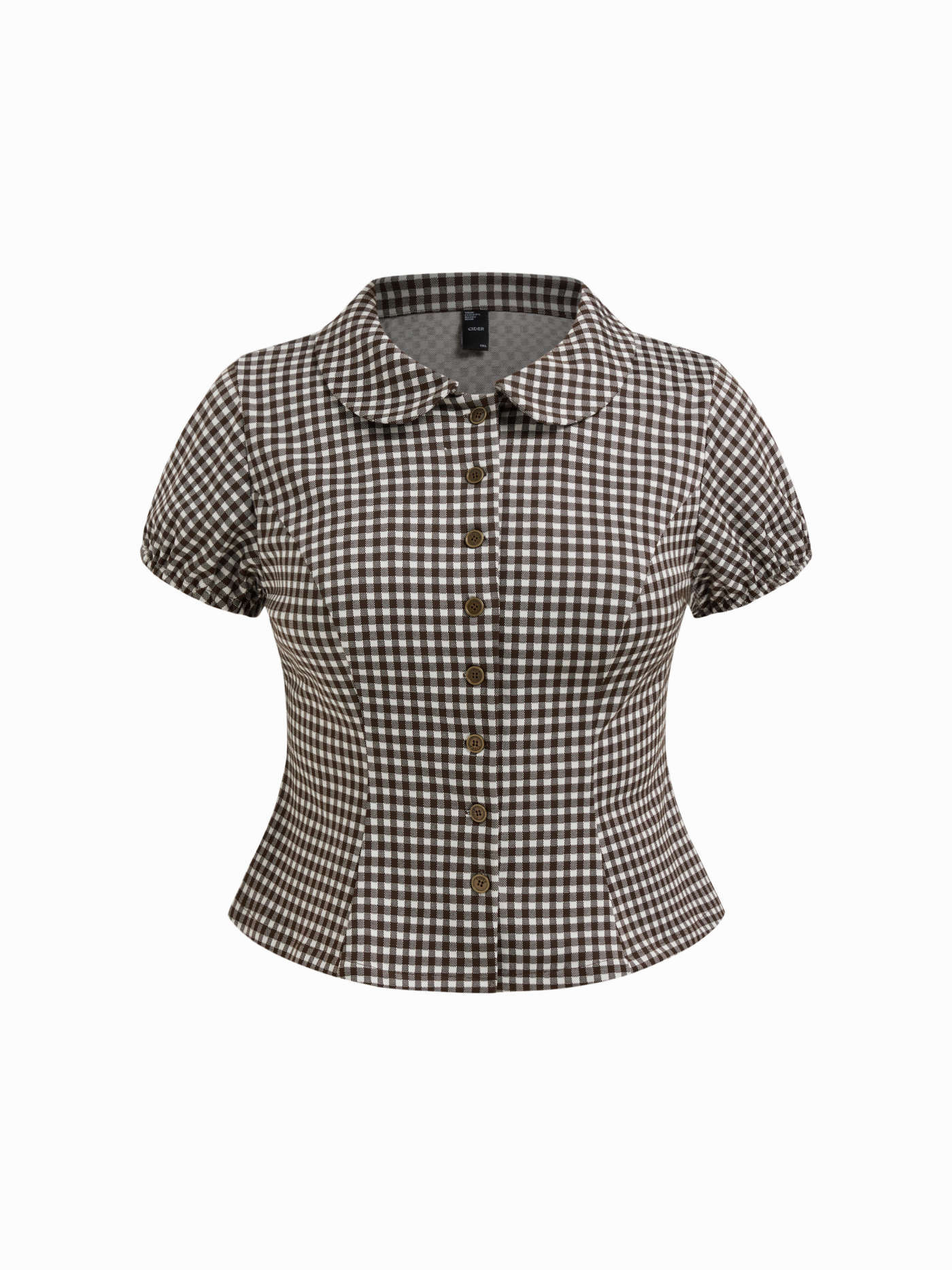 Knit Fabric Peter Pan Collar Gingham Puff Sleeve Blouse Curve & Plus For Daily Casual | Cider