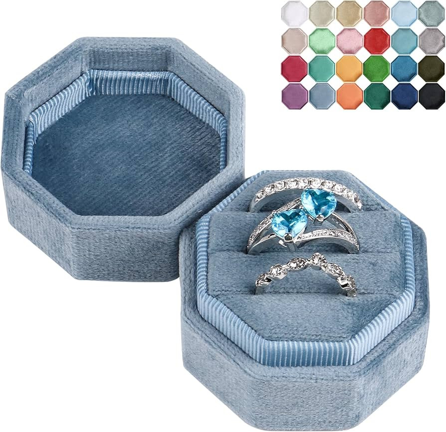 JIDUO Velvet Ring Box for Proposal 3 Slots Octagon Wedding Ring Storage Jewelry Boxes, Perfect fo... | Amazon (US)