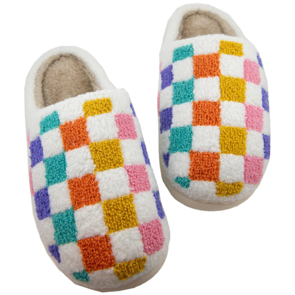 Multicolored Checkered Pattern Fuzzy Slippers | Katydid.com