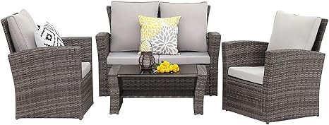 Wisteria Lane 4 Piece Outdoor Patio Furniture Sets, Wicker Conversation Set for Porch Deck, Gray ... | Amazon (US)