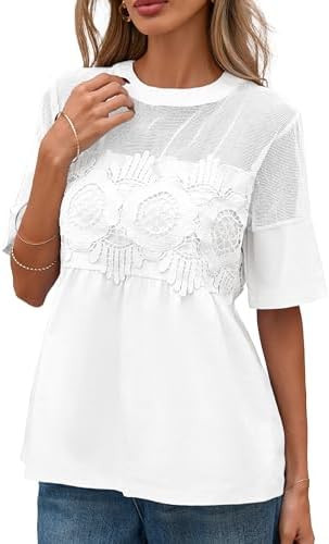 PUWEI Women's Short Sleeve Lace Babydoll Blouse Sheer Mesh Crew Neck Flowy Poplin Swing Top Casua... | Amazon (US)