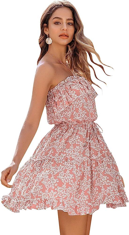 Women's Boho Floral Ruffle Dress Tube Top Dress | Amazon (US)