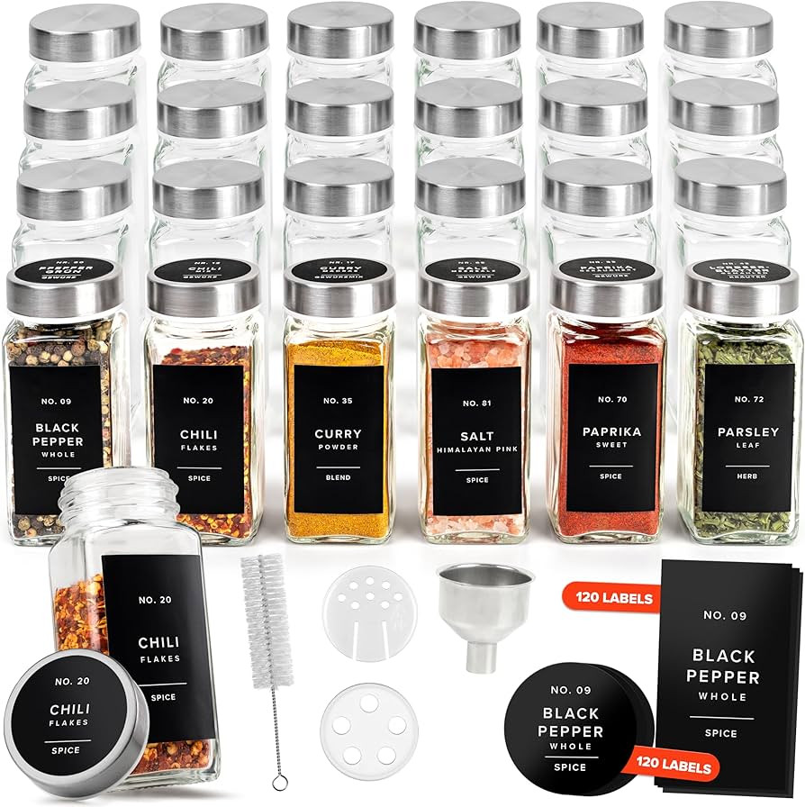 Glass Spice Jars with Label and Stainless Steel Lids (24 x 4oz) Spice Containers with 240 Labels,... | Amazon (US)