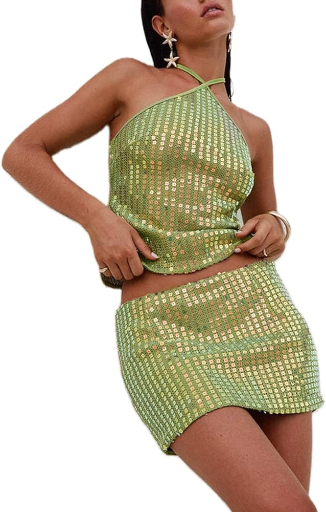 Karwuiio Woman Two Piece Outfits Sparkly Sequin Sleeveless Tops Sexy Bodycon Mini Skirt Sets Y2K ... | Amazon (US)