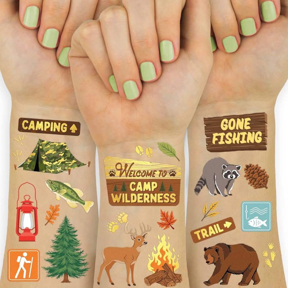 xo, Fetti Camping Party Supplies Temporary Tattoos - 44 Metallic Styles | Outdoor Wilderness Birt... | Amazon (US)