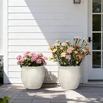 12" Dia Fiberstone Planter \u2013 Modern Farmhouse Indoor/Outdoor Flower Pot, Beige Container wit... | Amazon (US)