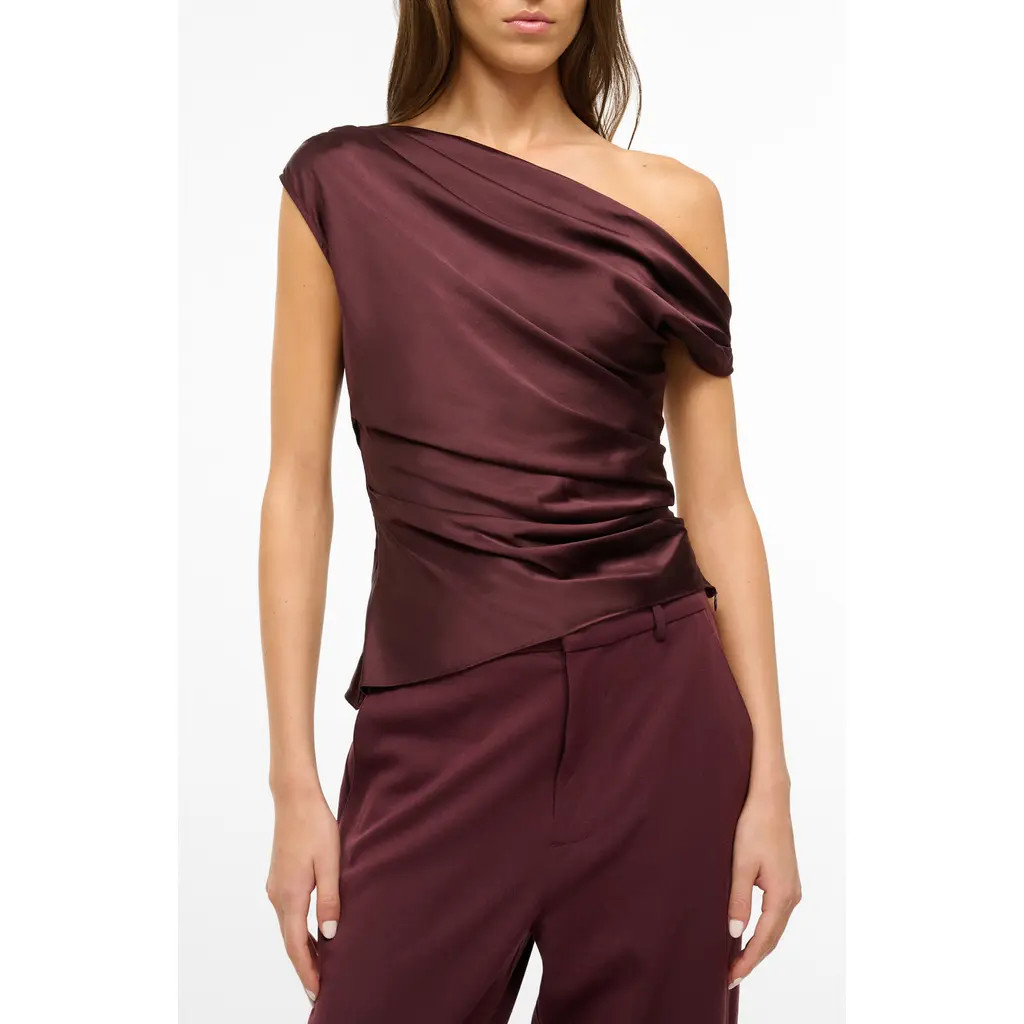 STAUD Phare One-Shoulder Stretch Silk Top in Merlot at Nordstrom, Size 10 | Nordstrom