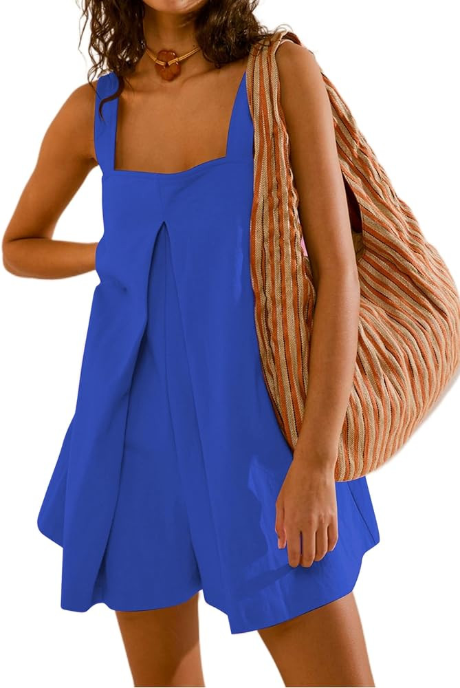 Womens Summer Loose Sleeveless Onesie Rompers Square Neck Short Overalls Jumpsuits with Pockets | Amazon (US)