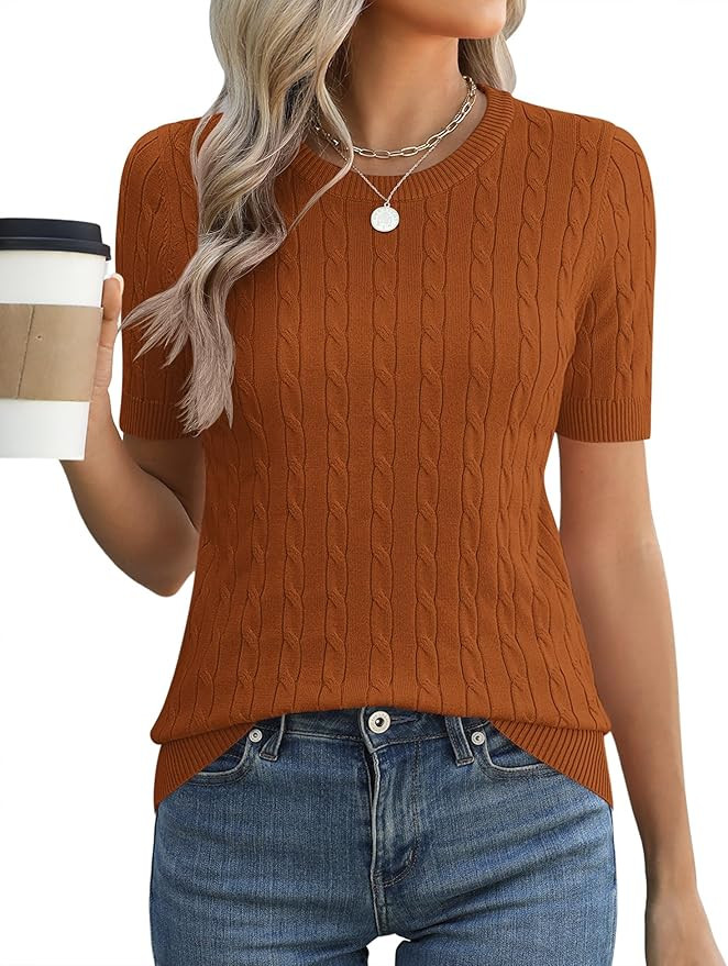 Micoson Womens Short Sleeve Cable Knit Sweater Tops Crewneck Lightweight Spring Summer Shirts Bus... | Amazon (US)