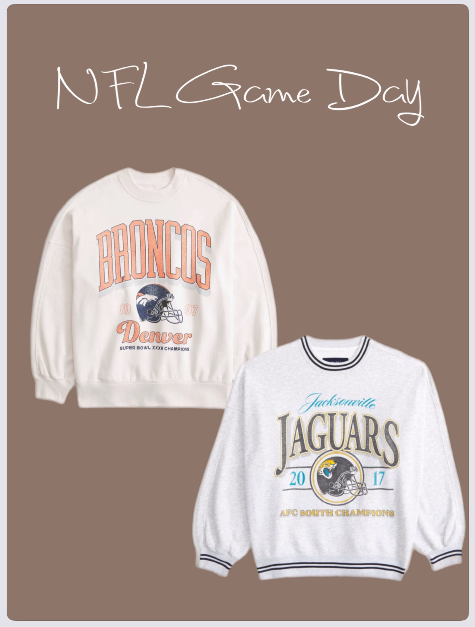 NFL football 🏈 Game Day outfit inspo @ Abercrombie vintage style sweatshirts 🫶🏼 

- Denver Broncos 🧡 💙  
- Jacksonville Jaguars 🐆 🖤 

#LTKSeasonal #LTKBacktoSchool #LTKxAF
