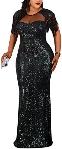 Cololura Sexy Sequin Tassel Mesh Perspective Party Cocktail Bodycon Evening Club Maxi Dress | Amazon (US)