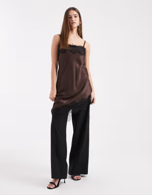 ASOS DESIGN satin lace trim asym mini dress in chocolate | ASOS (Global)