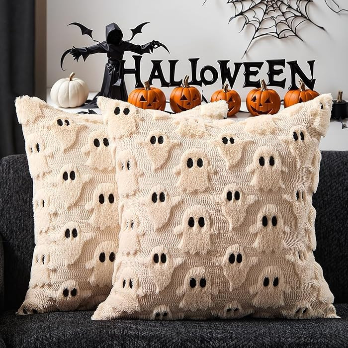 Halloween Pillow Covers 18x18 inch Set of 2 Beige Ghost Throw Pillow Cases Soft Plush Faux Fur Wo... | Amazon (US)