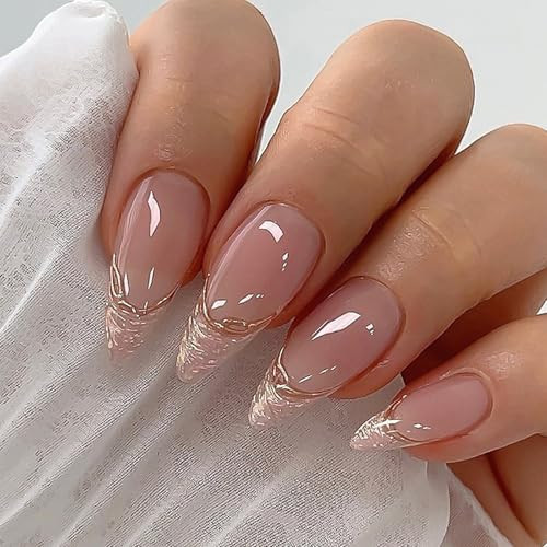 IQXGE Medium Almond Press on Nails French Tip Full Cover False Fake Nails Press ons Diamonds Glitter Stick on Nail Nude Acrylic Fake Nail with Golden Line Shiny Artificial 24Pcs Reusable for Women | Amazon (US)