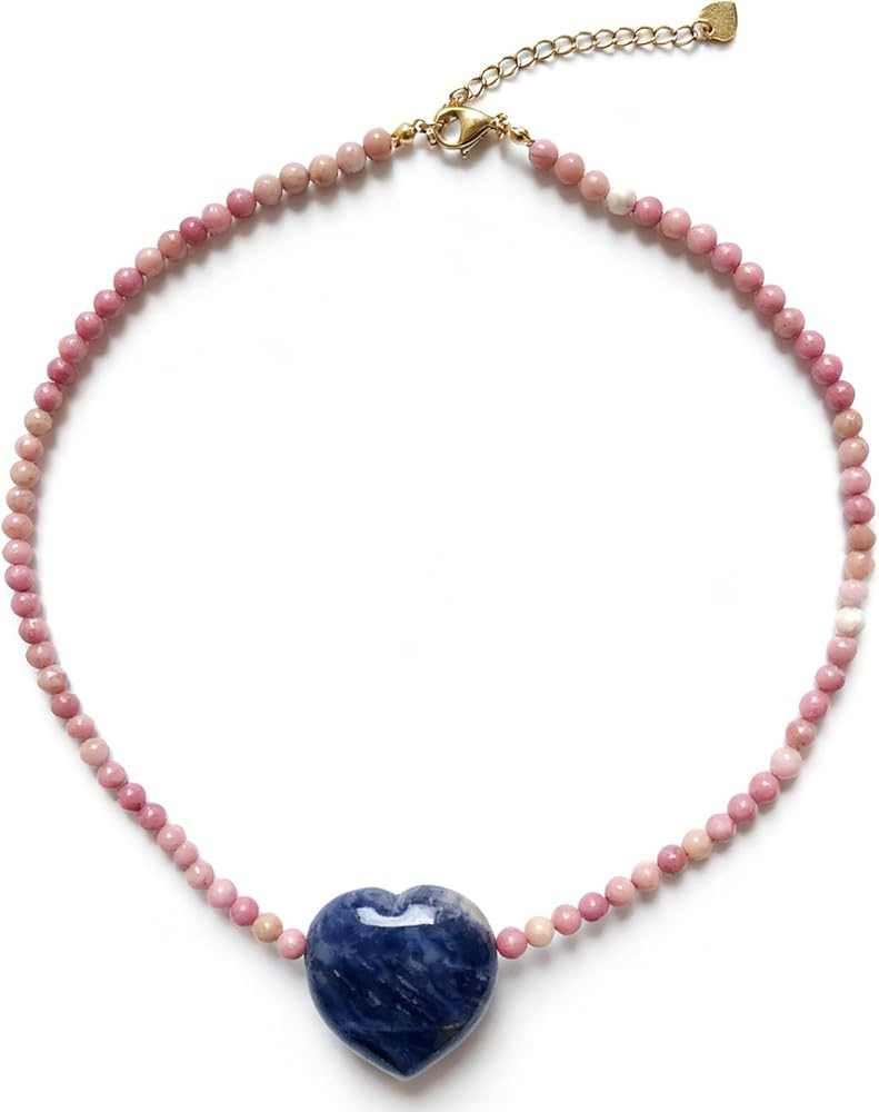 Chunky Heart Pendant Natural Stone Beaded Necklace, 18K Gold Plated Stainless Stone Precious Gems... | Amazon (US)