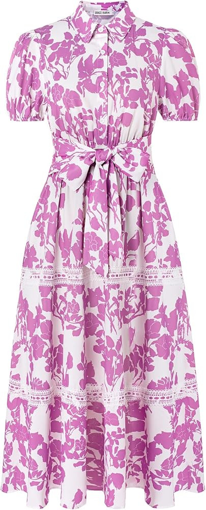 GRACE KARIN Women's 2026 Summer Floral Flowy Dresses Boho Tie Belt Short Puff Sleeve A Line Maxi ... | Amazon (US)