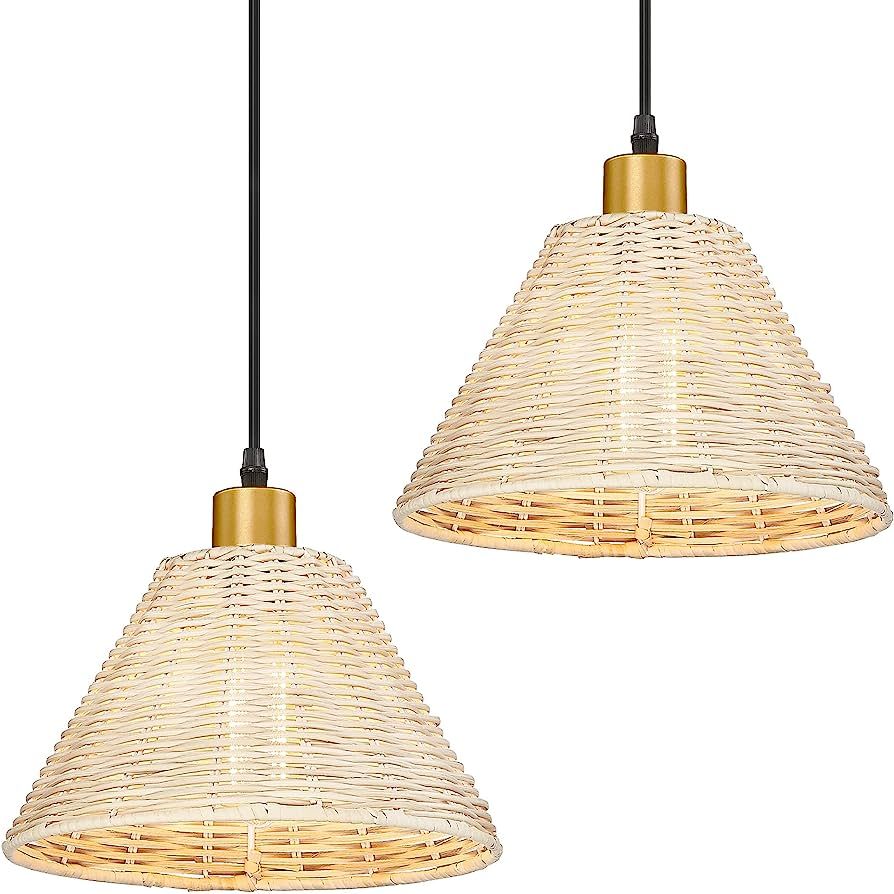 zeyu Rattan Bamboo Light Fixtures 2 Pack, Farmhouse Kitchen Pendant Hanging Light, 10.3" Boho Lam... | Amazon (US)