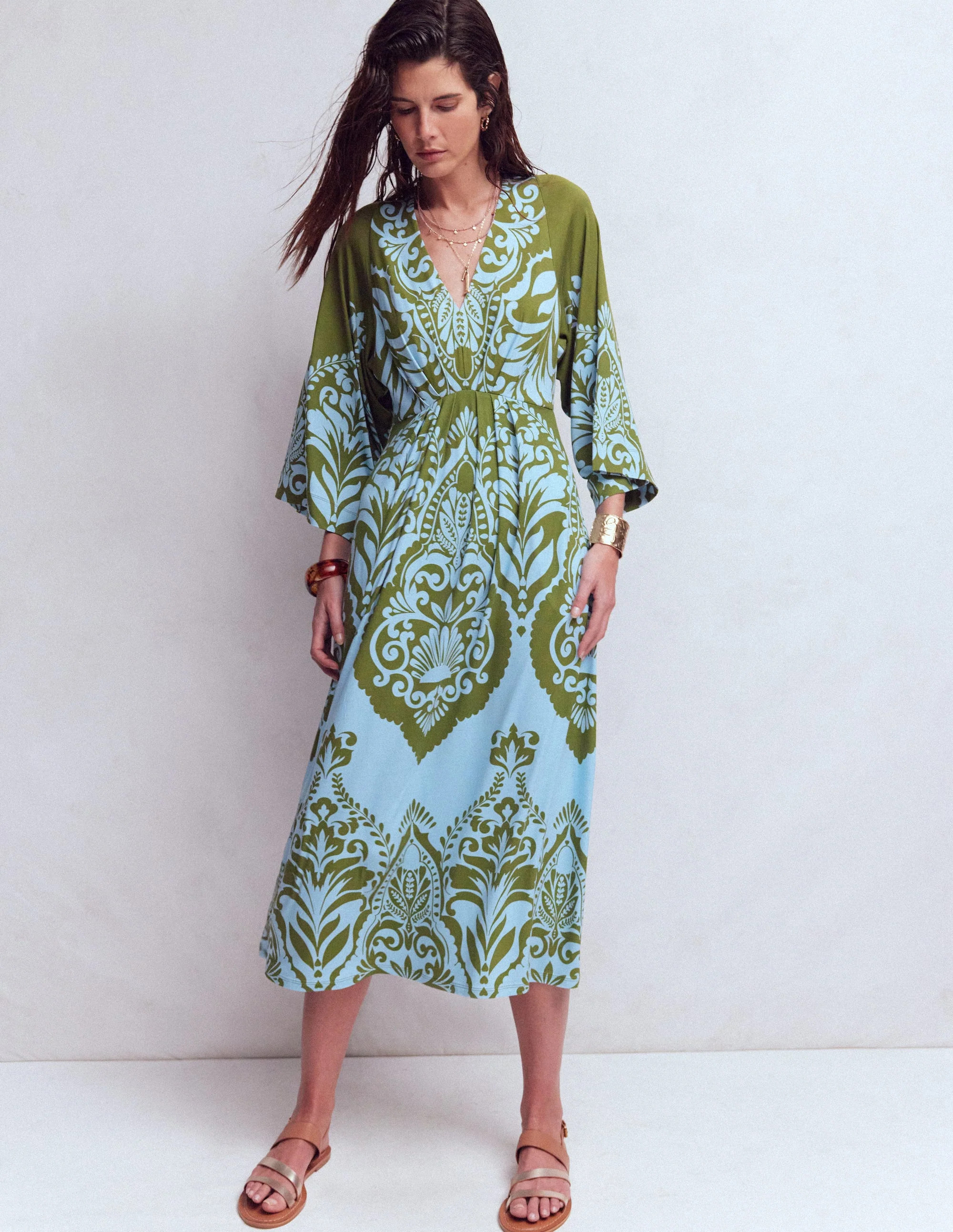 Nell Kimono Midi Jersey Dress-Olive, Ornamental Garden | Boden (US)