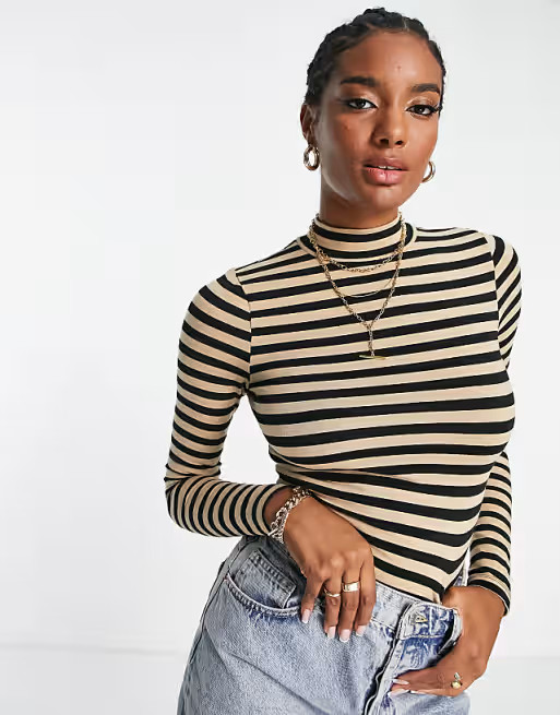 ASOS DESIGN long sleeve bodysuit with turtle neck in black and camel stripe | ASOS (Global)