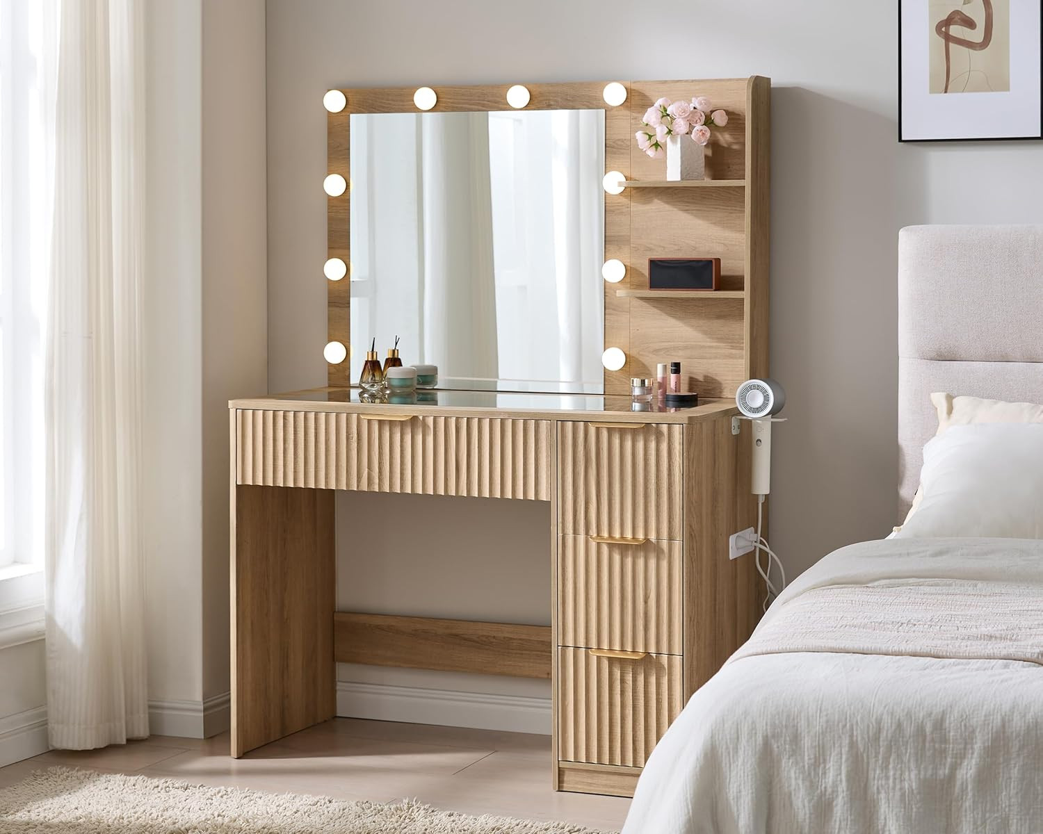 AMERLIFE 36.2" Fluted Vanity Desk with Mirror and Adjustable LED Lights, Large 4 Drawers Makeup T... | Amazon (US)