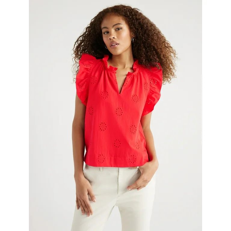 Free Assembly Women's Cotton Sleeveless Flutter Eyelet Top, Sizes XS-XXL - Walmart.com | Walmart (US)