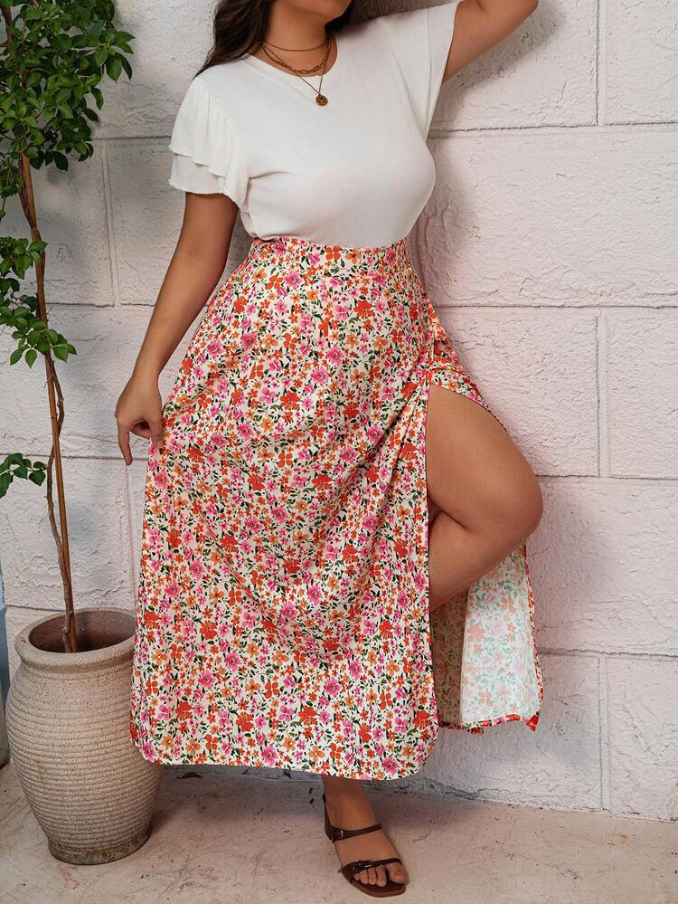Women's Elastic Waist Ditsy Floral High Slit Casual Beach Vacation Skirt Without Pockets Spring | SHEIN