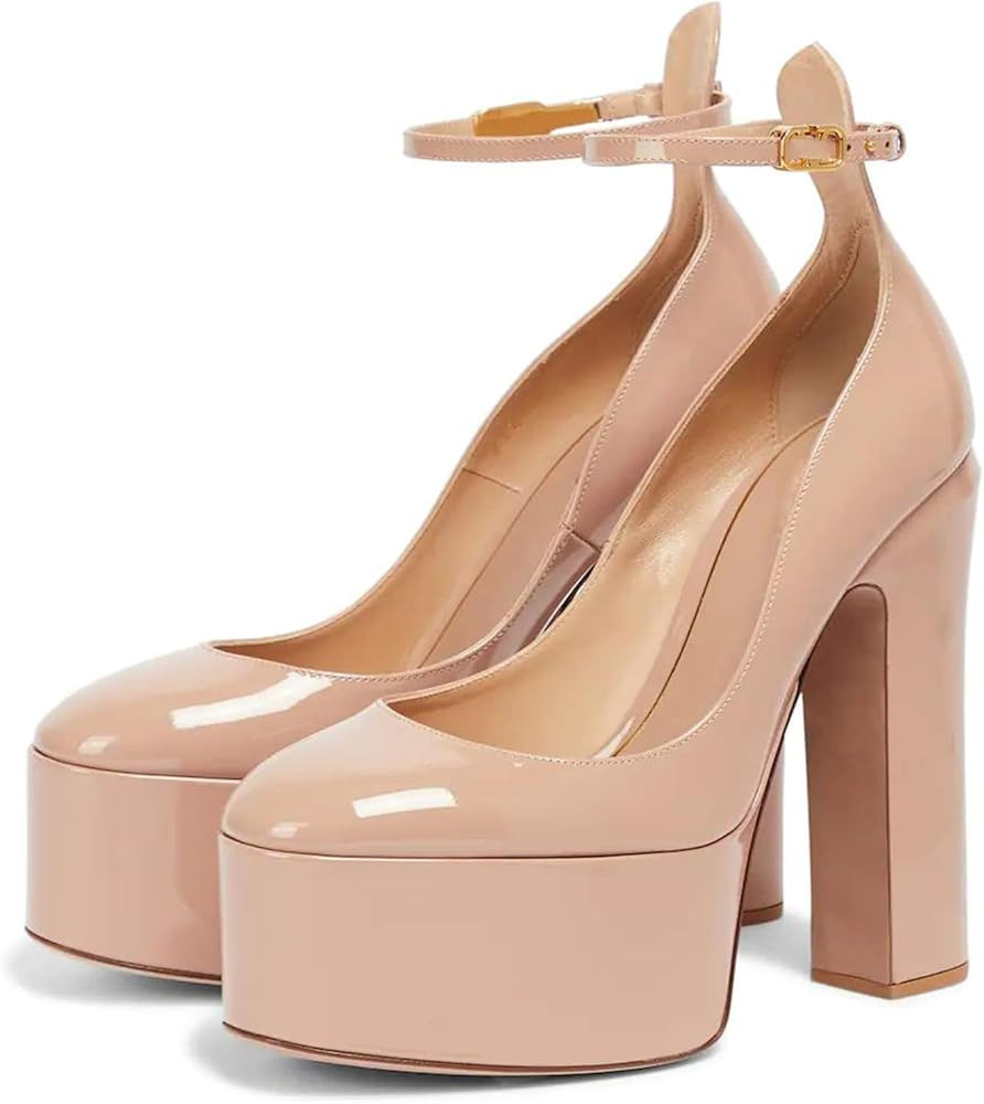 Goolita Patent Leather Round Toe Platform Heels for Women Chunky Heel Buckle Ankle Strap Party Dr... | Amazon (US)