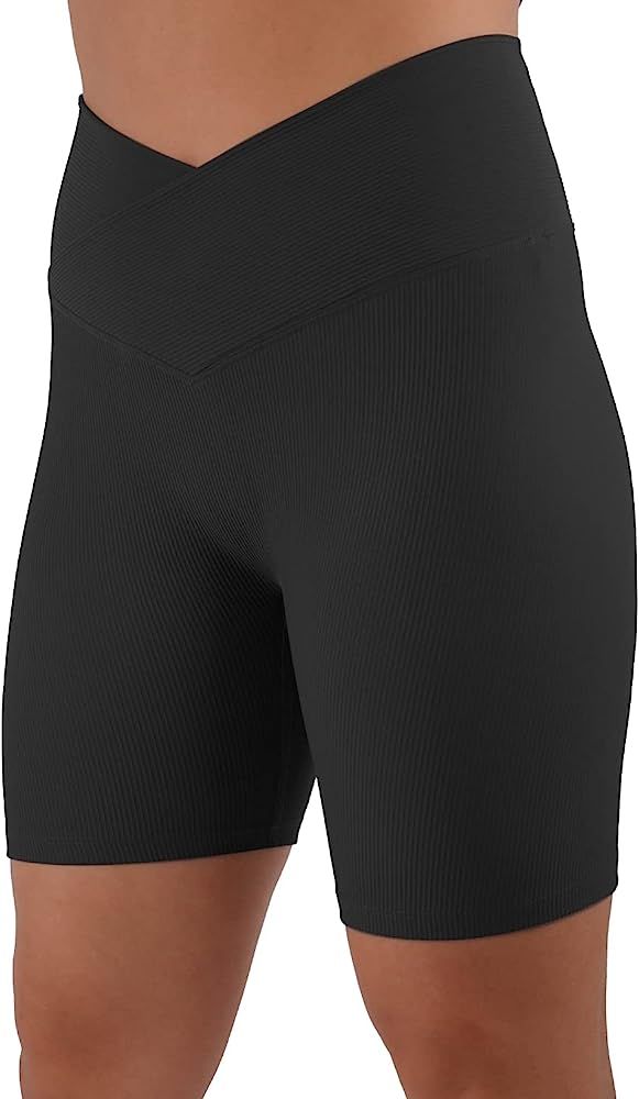 Womens 5" Crossover Workout Shorts High Waisted Ribbed Butt Lift Biker Running Compression Yoga Shor | Amazon (US)