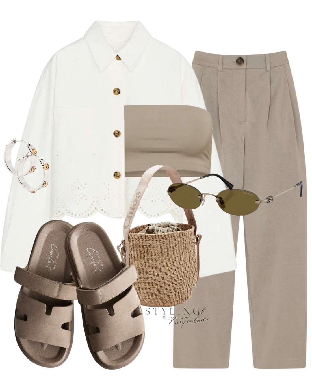 Easter bank holiday outfit -Cut work embroidered jacket, pleated trousers, bandeau top, chunky sandals, raffia bucket bag, Miu Miu sunglasses, hoop earrings. Neutral look, casual chic, spring summer outfit, everyday style.  

#LTKsummer #LTKuk #LTKspring