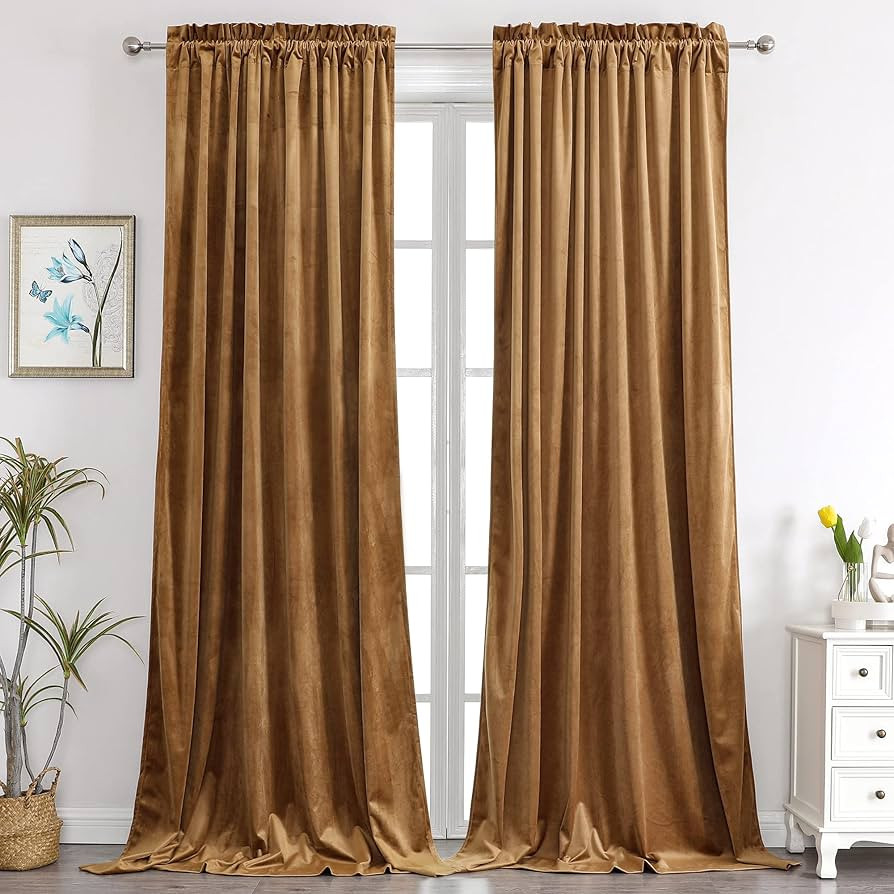 Benedeco Camel Velvet Curtains for Bedroom Window, Super Soft Luxury Drapes, Room Darkening Therm... | Amazon (US)