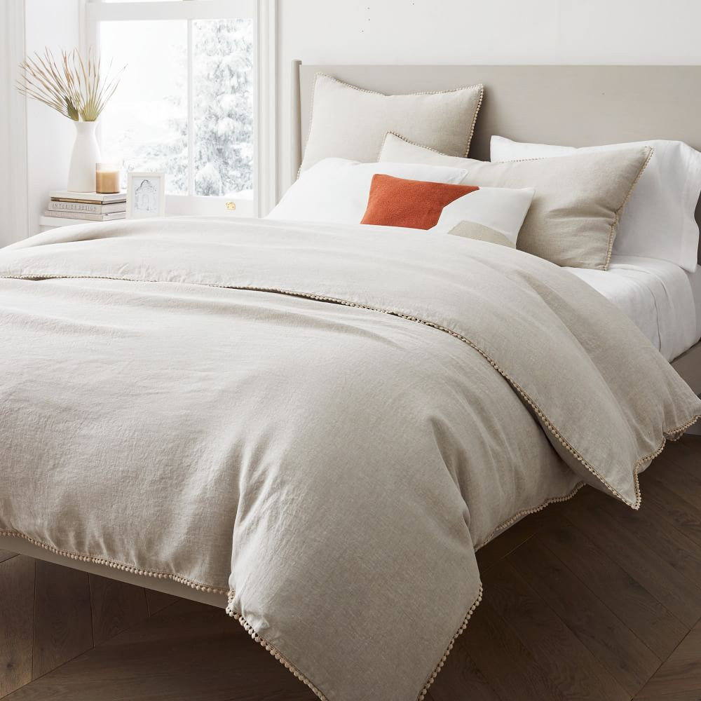 MTO European Linen Pom Pom Duvet, F/Q, Natural Flax | West Elm (US)
