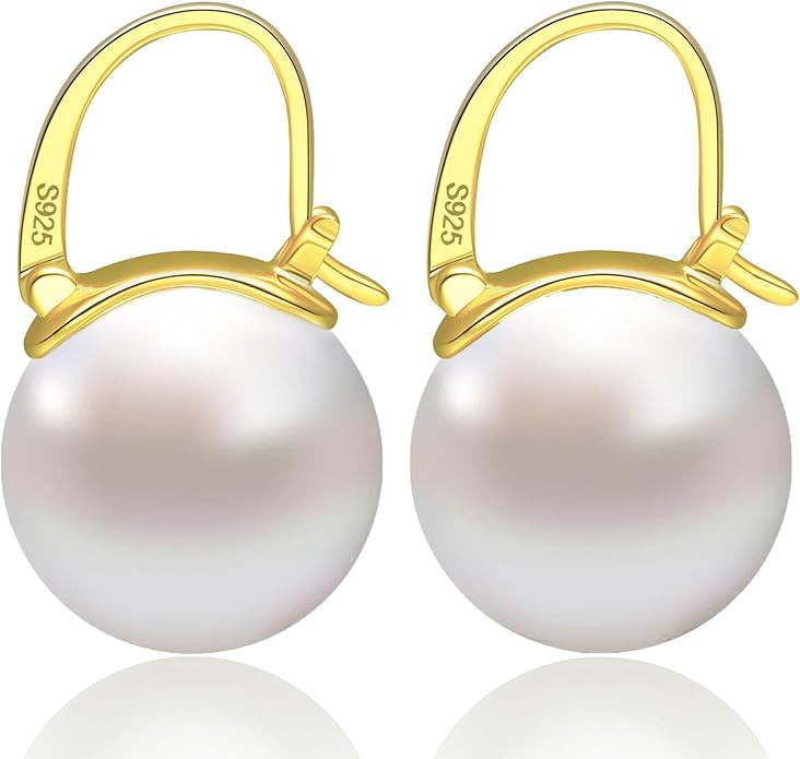 Pearl Drop Earrings, 14mm Elegant Big Pearl Earrings 925 Sterling Silver 14K Gold Plated Clasp fo... | Amazon (US)