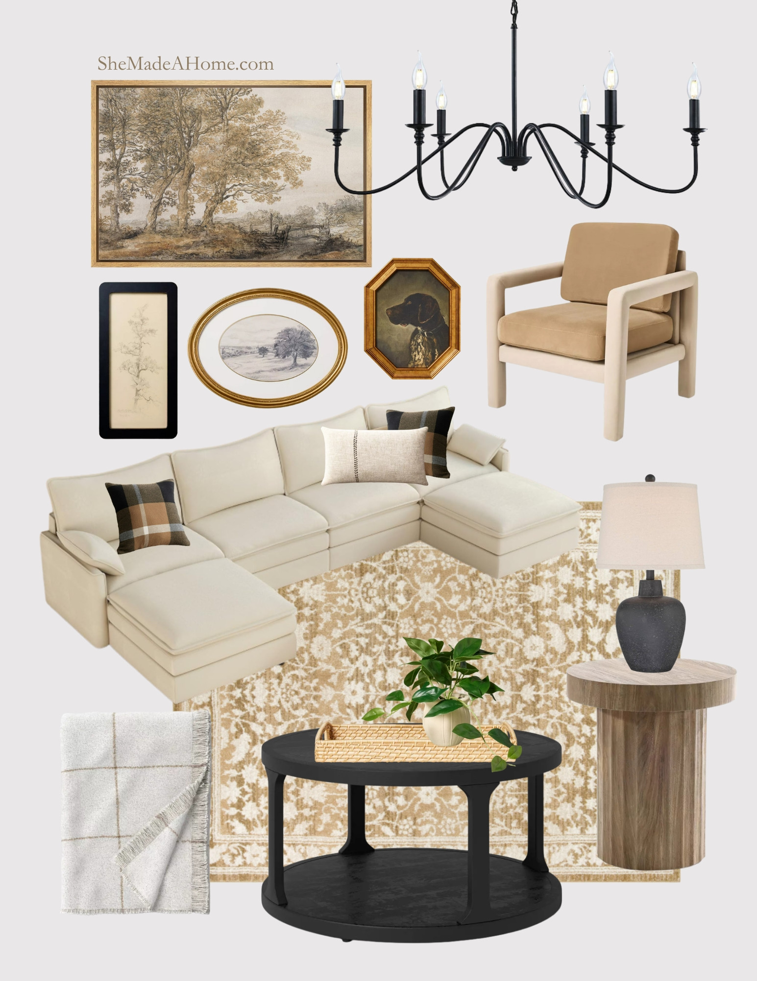 Warm & Collected Living Room with a Neutral Sectional 🤎🖤
This inviting living room combines warm camel tones, rich black accents, and timeless artwork for a look that feels both classic and current. A cozy cream sectional, vintage-inspired rug, and mix of wood and metal finishes create a layered, lived-in feel that works in any home.

🛋 Shop the exact pieces I used to style this warm, collected living room around a neutral sectional. All links below so you can recreate the look with ease!

#LTKHome #LivingRoomInspo #NeutralSectionalDecor #WarmEarthyDecor #CollectedHome #ModernTraditional #SheMadeAHome #RoomRecipe #BudgetFriendlyHome #ShopTheLook 

 #LTKHome