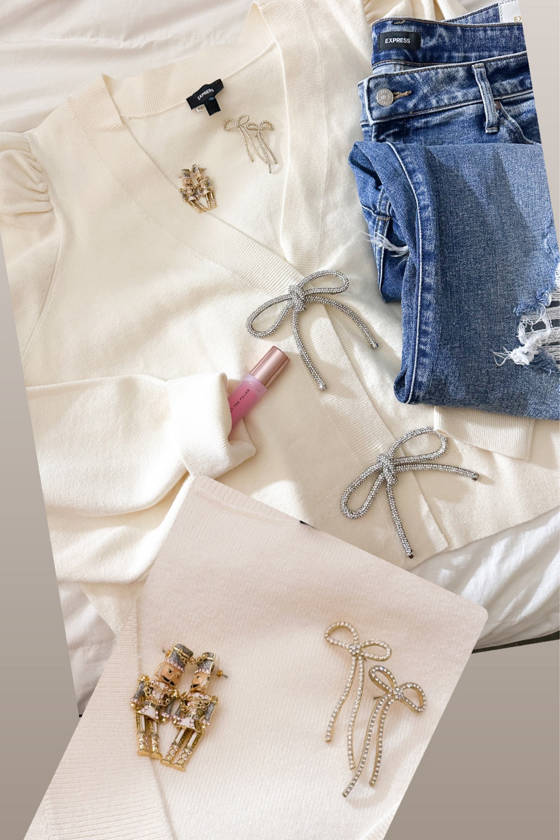 WHAT I WAS GOING TO WEAR TODAY HAD I NOT GOTTEN SICK 
 @EXPRESS BOW SWEATER THAT IS NOW ONLY $35 INSTEAD OF $108

EARRINGS ADD FROM @TARGET 

LIP GLOSS IS @LAWLESS FORGET THE FILLER IN SHADE DAISY PINK 

#LTKsalealert #LTKCyberWeek #LTKHoliday