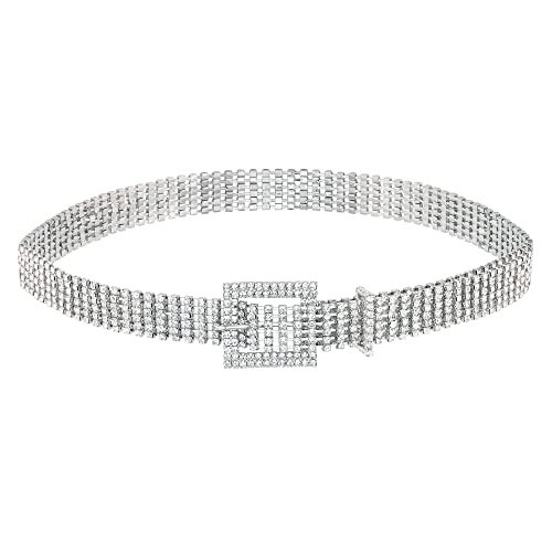 Ayliss Women Rhinestone Belt Bling Crystal Shiny Waist Dress Belt Silver Fashion Glitter Chains Dress Wedding Party Gift (Silver#1) | Amazon (US)
