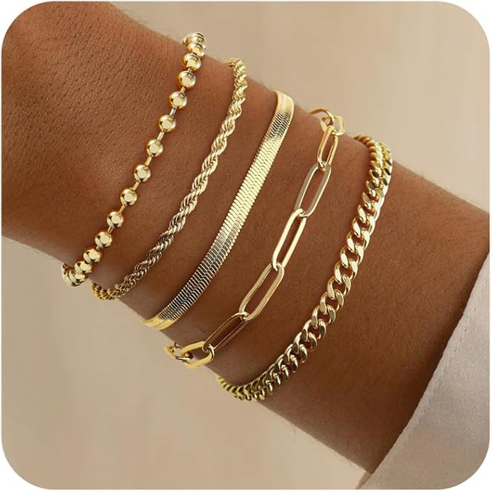Gold Bracelets for Women Girls, Dainty Bracelets Set for Girls Trendy, 14K Real Gold Bracelets St... | Amazon (US)